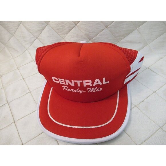 Central Ready Mix Trucker Hat 3 Stripe Snapback Red White Mesh Vtg Nylon 80s - Picture 2 of 7